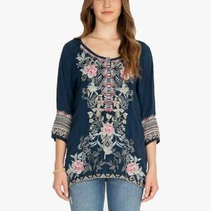 Johnny Was Navy Floral Embroidered Blouse